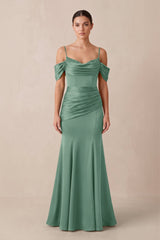 Off - the - Shoulder Mermaid Ruched Bridesmaid Dress in Mint Green - KissProm Bridesmaid Dresses