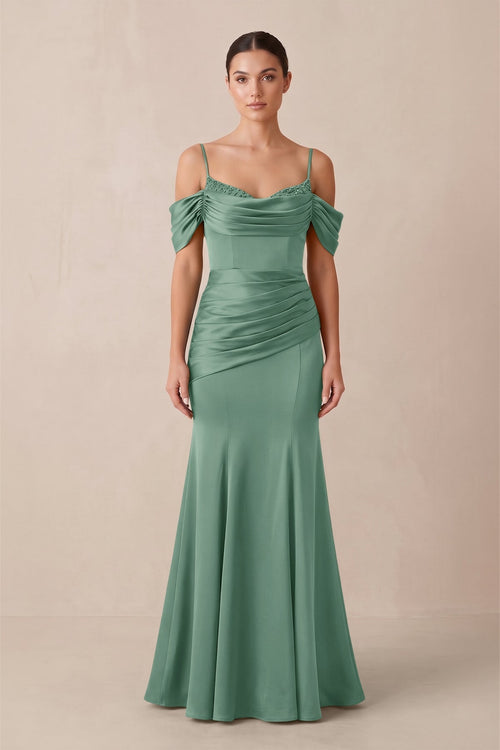 Off - the - Shoulder Mermaid Ruched Bridesmaid Dress in Mint Green - KissProm Bridesmaid Dresses