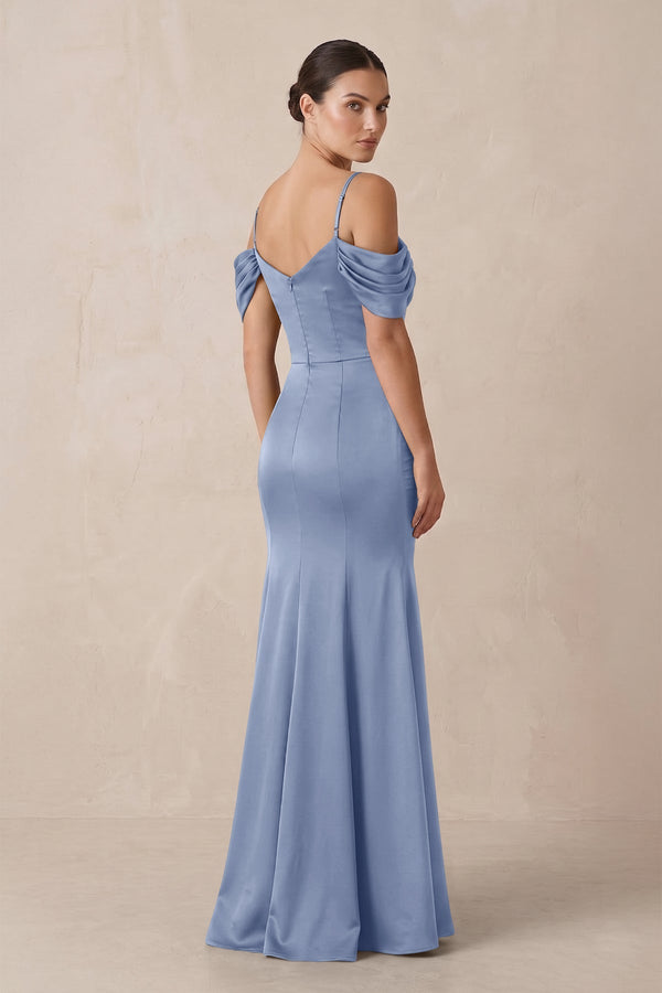 Off - the - Shoulder Mermaid Ruched Bridesmaid Dress in Mist - KissProm Bridesmaid Dresses