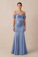 Off - the - Shoulder Mermaid Ruched Bridesmaid Dress in Mist - KissProm Bridesmaid Dresses