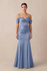 Off - the - Shoulder Mermaid Ruched Bridesmaid Dress in Mist - KissProm Bridesmaid Dresses