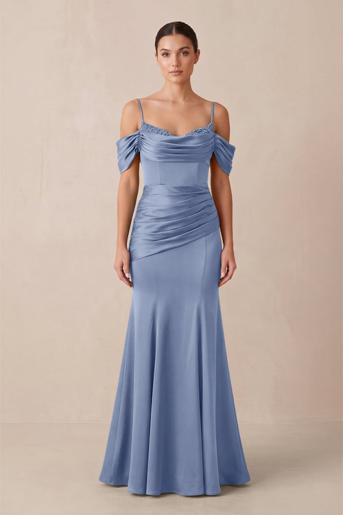 Off - the - Shoulder Mermaid Ruched Bridesmaid Dress in Mist - KissProm Bridesmaid Dresses