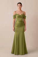 Off - the - Shoulder Mermaid Ruched Bridesmaid Dress in Moss Green - KissProm Bridesmaid Dresses