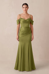 Off - the - Shoulder Mermaid Ruched Bridesmaid Dress in Moss Green - KissProm Bridesmaid Dresses
