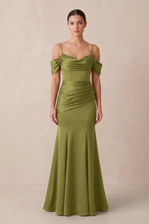 Off - the - Shoulder Mermaid Ruched Bridesmaid Dress in Moss Green - KissProm Bridesmaid Dresses
