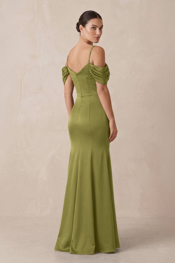 Off - the - Shoulder Mermaid Ruched Bridesmaid Dress in Moss Green - KissProm Bridesmaid Dresses