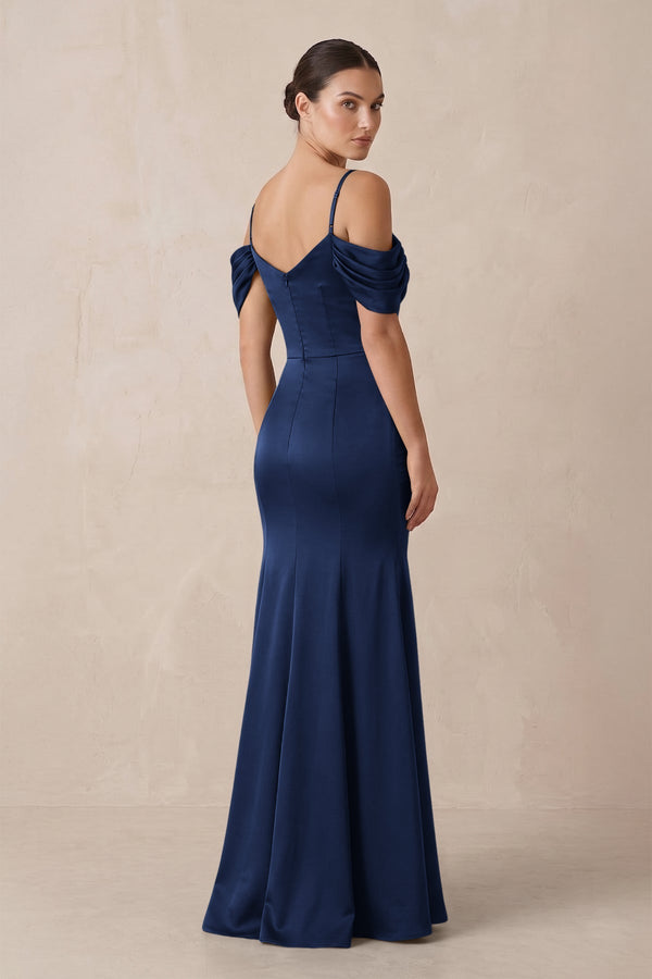 Off - the - Shoulder Mermaid Ruched Bridesmaid Dress in Navy - KissProm Bridesmaid Dresses