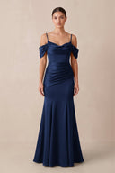 Off - the - Shoulder Mermaid Ruched Bridesmaid Dress in Navy - KissProm Bridesmaid Dresses