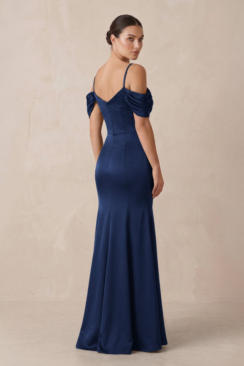 Off - the - Shoulder Mermaid Ruched Bridesmaid Dress in Navy - KissProm Bridesmaid Dresses