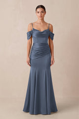 Off - the - Shoulder Mermaid Ruched Bridesmaid Dress in Neptune - KissProm Bridesmaid Dresses