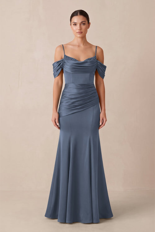 Off - the - Shoulder Mermaid Ruched Bridesmaid Dress in Neptune - KissProm Bridesmaid Dresses