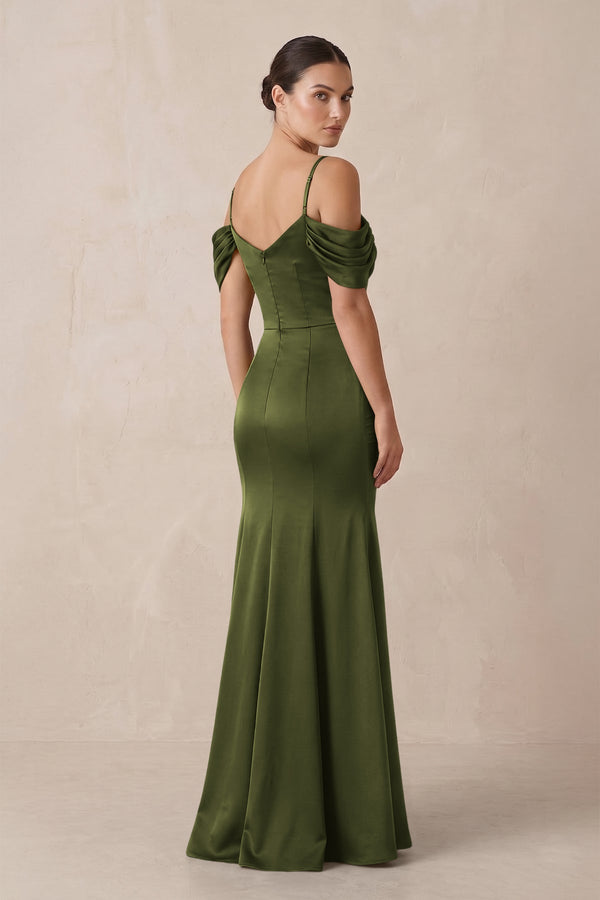 Off - the - Shoulder Mermaid Ruched Bridesmaid Dress in Olive - KissProm Bridesmaid Dresses