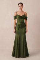 Off - the - Shoulder Mermaid Ruched Bridesmaid Dress in Olive - KissProm Bridesmaid Dresses