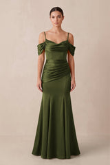 Off - the - Shoulder Mermaid Ruched Bridesmaid Dress in Olive - KissProm Bridesmaid Dresses