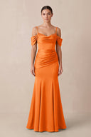 Off - the - Shoulder Mermaid Ruched Bridesmaid Dress in Orange - KissProm Bridesmaid Dresses