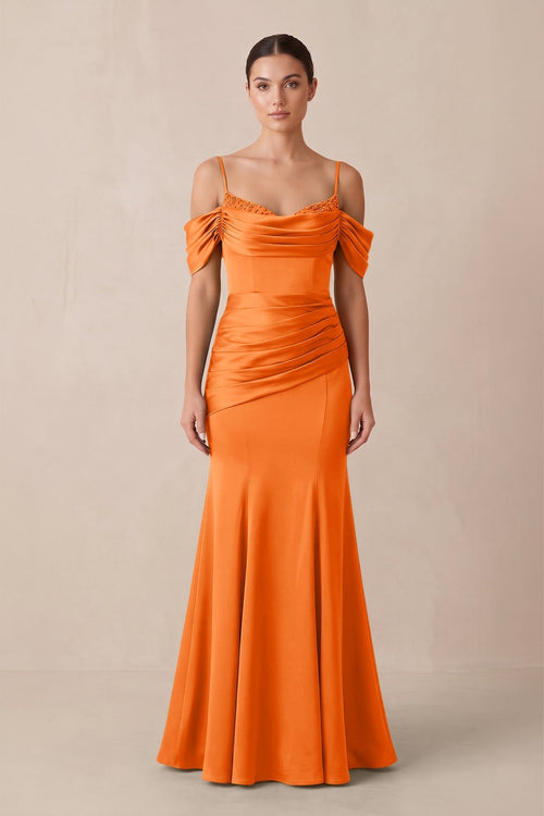 Off - the - Shoulder Mermaid Ruched Bridesmaid Dress in Orange - KissProm Bridesmaid Dresses