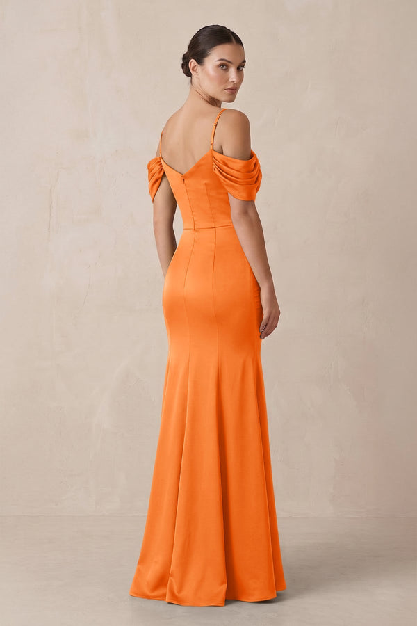 Off - the - Shoulder Mermaid Ruched Bridesmaid Dress in Orange - KissProm Bridesmaid Dresses