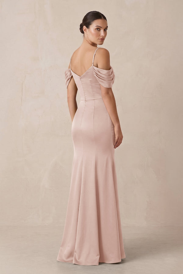 Off - the - Shoulder Mermaid Ruched Bridesmaid Dress in Pale Blush - KissProm Bridesmaid Dresses