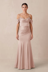 Off - the - Shoulder Mermaid Ruched Bridesmaid Dress in Pale Blush - KissProm Bridesmaid Dresses