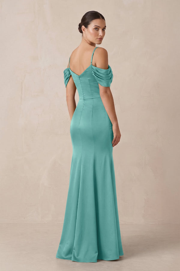 Off - the - Shoulder Mermaid Ruched Bridesmaid Dress in Pale Pistachio - KissProm Bridesmaid Dresses