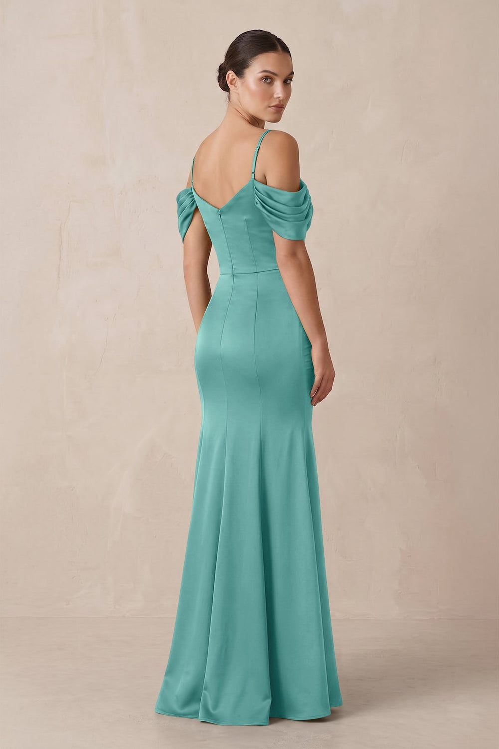 Off - the - Shoulder Mermaid Ruched Bridesmaid Dress in Pale Pistachio - KissProm Bridesmaid Dresses