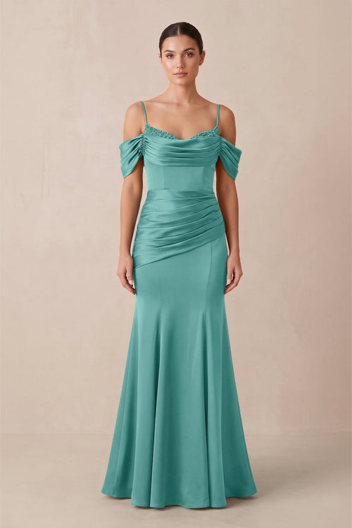 Off - the - Shoulder Mermaid Ruched Bridesmaid Dress in Pale Pistachio - KissProm Bridesmaid Dresses