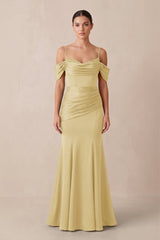 Off - the - Shoulder Mermaid Ruched Bridesmaid Dress in Pastel Yellow - KissProm Bridesmaid Dresses