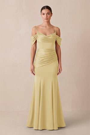 Off - the - Shoulder Mermaid Ruched Bridesmaid Dress in Pastel Yellow - KissProm Bridesmaid Dresses