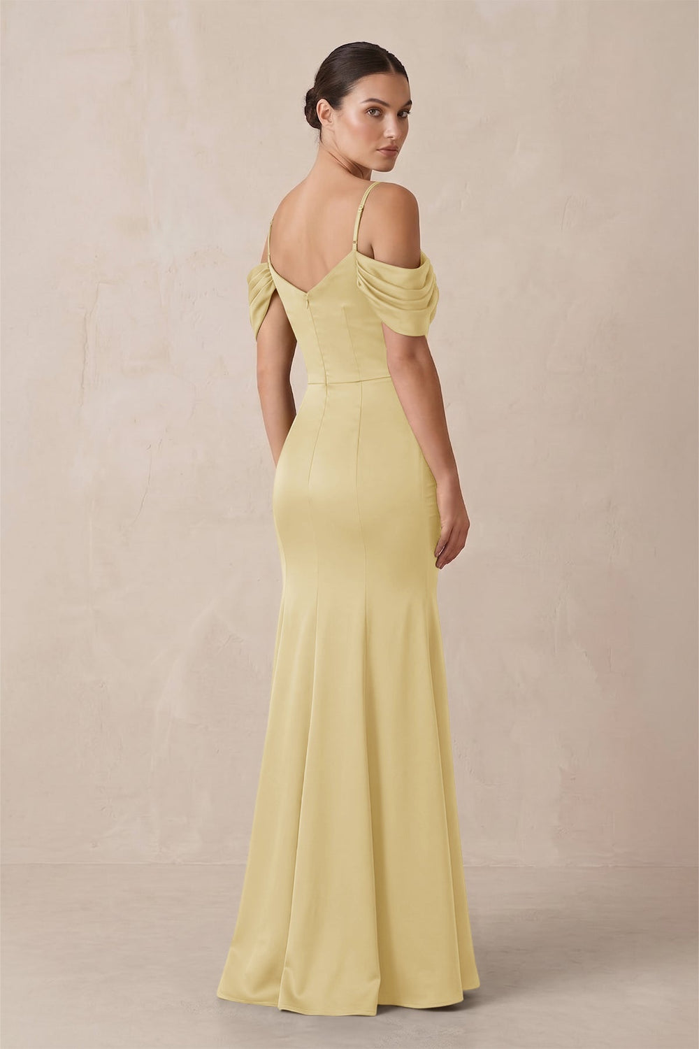 Off - the - Shoulder Mermaid Ruched Bridesmaid Dress in Pastel Yellow - KissProm Bridesmaid Dresses
