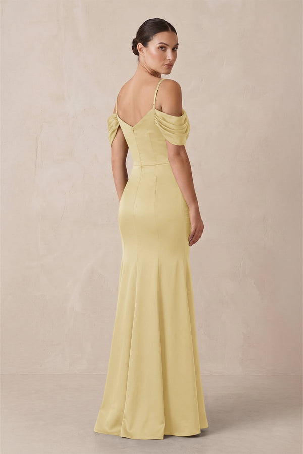 Off - the - Shoulder Mermaid Ruched Bridesmaid Dress in Pastel Yellow - KissProm Bridesmaid Dresses