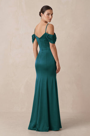 Off - the - Shoulder Mermaid Ruched Bridesmaid Dress in Pine - KissProm Bridesmaid Dresses