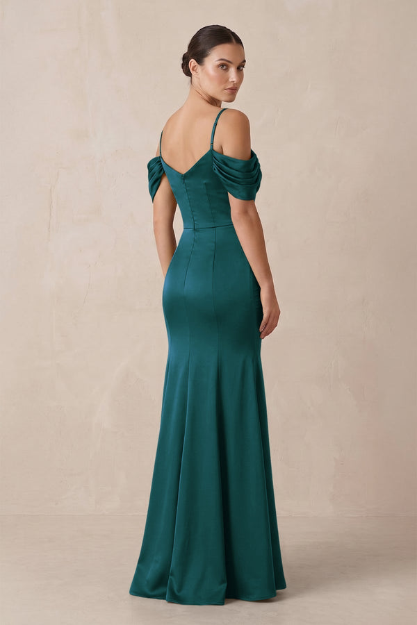 Off - the - Shoulder Mermaid Ruched Bridesmaid Dress in Pine - KissProm Bridesmaid Dresses