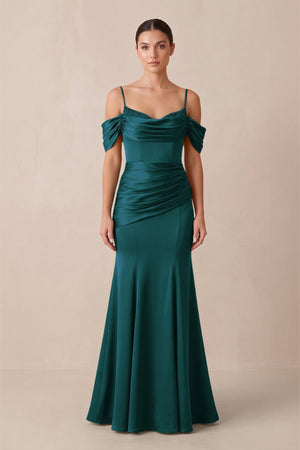 Off - the - Shoulder Mermaid Ruched Bridesmaid Dress in Pine - KissProm Bridesmaid Dresses