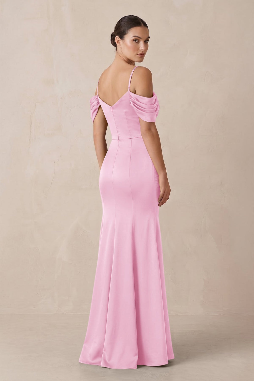 Off - the - Shoulder Mermaid Ruched Bridesmaid Dress in Pink - KissProm Bridesmaid Dresses
