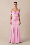 Off - the - Shoulder Mermaid Ruched Bridesmaid Dress in Pink - KissProm Bridesmaid Dresses