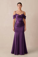 Off - the - Shoulder Mermaid Ruched Bridesmaid Dress in Plum - KissProm Bridesmaid Dresses