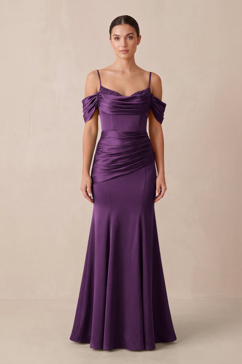 Off - the - Shoulder Mermaid Ruched Bridesmaid Dress in Plum - KissProm Bridesmaid Dresses