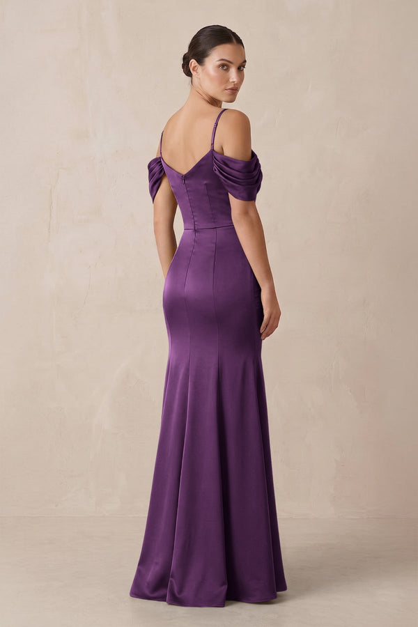 Off - the - Shoulder Mermaid Ruched Bridesmaid Dress in Plum - KissProm Bridesmaid Dresses