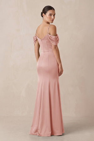 Off - the - Shoulder Mermaid Ruched Bridesmaid Dress in Rose Petal - KissProm Bridesmaid Dresses