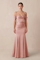 Off - the - Shoulder Mermaid Ruched Bridesmaid Dress in Rose Petal - KissProm Bridesmaid Dresses