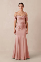 Off - the - Shoulder Mermaid Ruched Bridesmaid Dress in Rose Petal - KissProm Bridesmaid Dresses