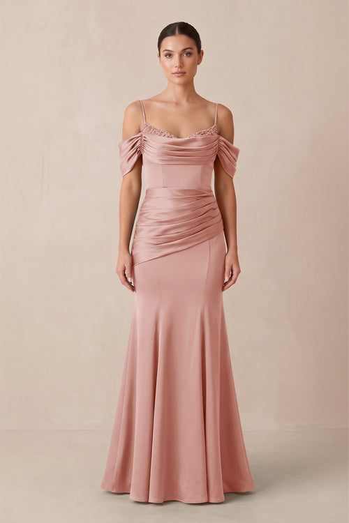 Off - the - Shoulder Mermaid Ruched Bridesmaid Dress in Rose Petal - KissProm Bridesmaid Dresses