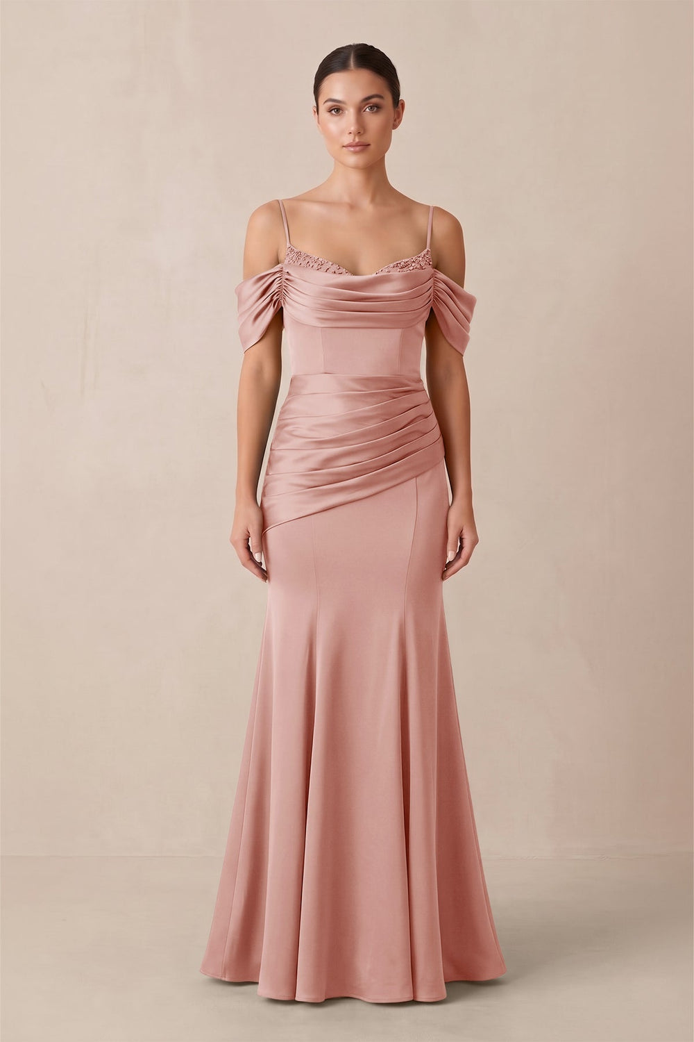 Off - the - Shoulder Mermaid Ruched Bridesmaid Dress in Rose Petal - KissProm Bridesmaid Dresses