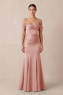 Off - the - Shoulder Mermaid Ruched Bridesmaid Dress in Rose Petal - KissProm Bridesmaid Dresses