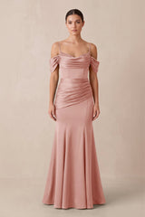Off - the - Shoulder Mermaid Ruched Bridesmaid Dress in Rose Petal - KissProm Bridesmaid Dresses