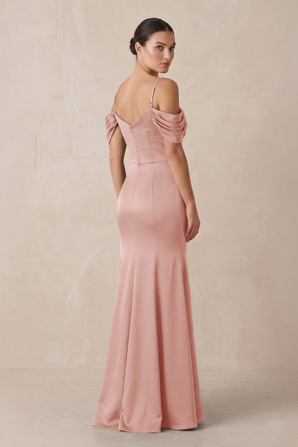 Off - the - Shoulder Mermaid Ruched Bridesmaid Dress in Rose Petal - KissProm Bridesmaid Dresses