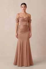 Off - the - Shoulder Mermaid Ruched Bridesmaid Dress in Rosette - KissProm Bridesmaid Dresses