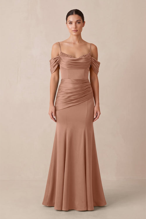 Off - the - Shoulder Mermaid Ruched Bridesmaid Dress in Rosette - KissProm Bridesmaid Dresses