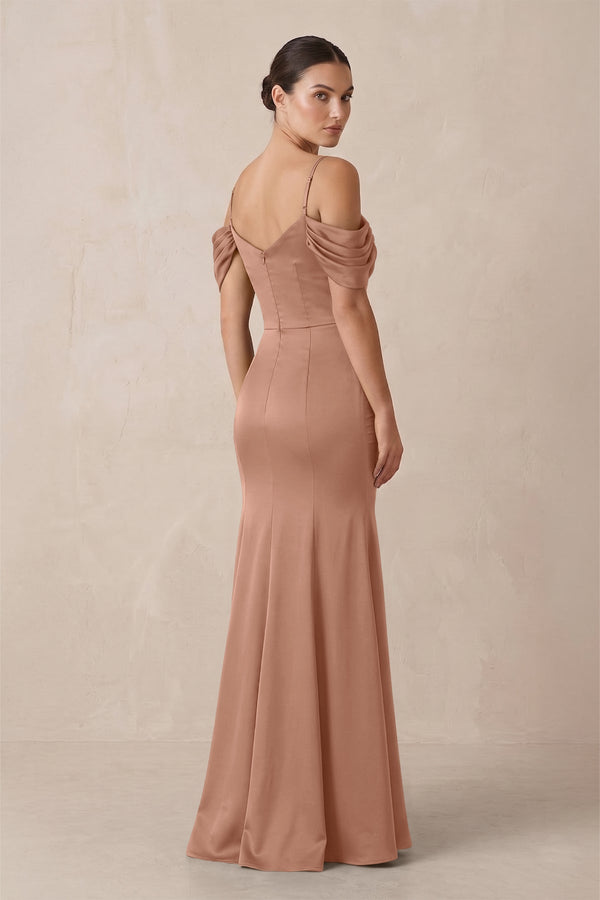 Off - the - Shoulder Mermaid Ruched Bridesmaid Dress in Rosette - KissProm Bridesmaid Dresses