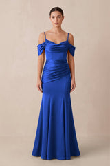 Off - the - Shoulder Mermaid Ruched Bridesmaid Dress in Royal Blue - KissProm Bridesmaid Dresses